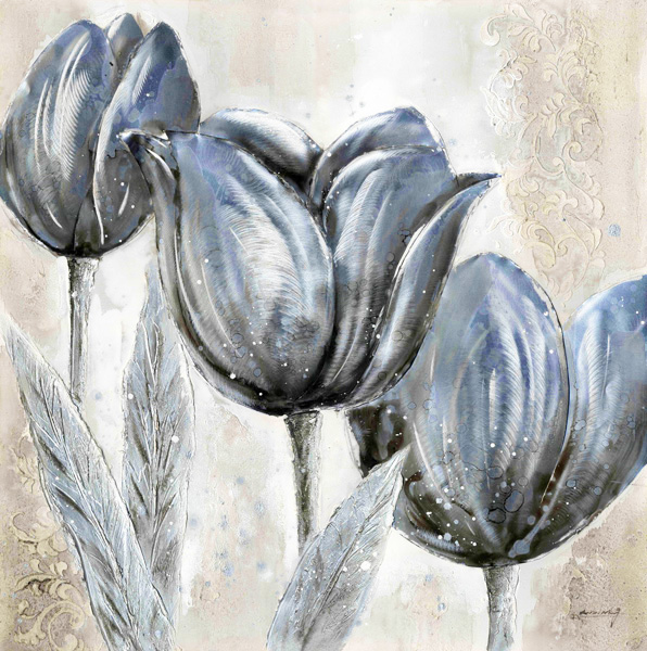 DY021 Wall décor art oil on canvas floral tulips blue tones